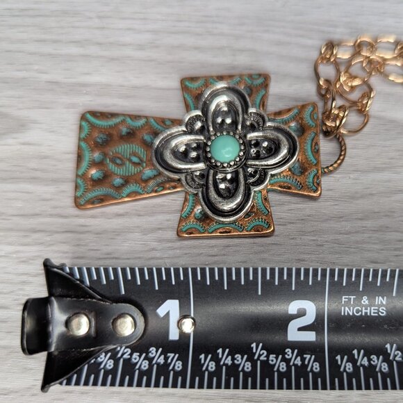 Copper & Turquoise Cross Pendant Necklace 2" x 1.5" w/Chain Necklace - Picture 11 of 11